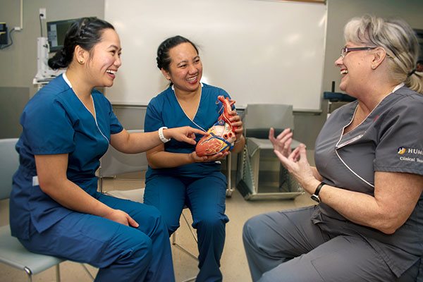Nurses talking about a heart replica