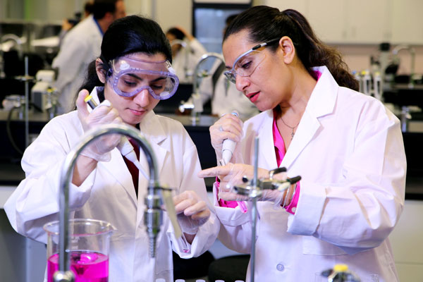 Two students performing lab experiement