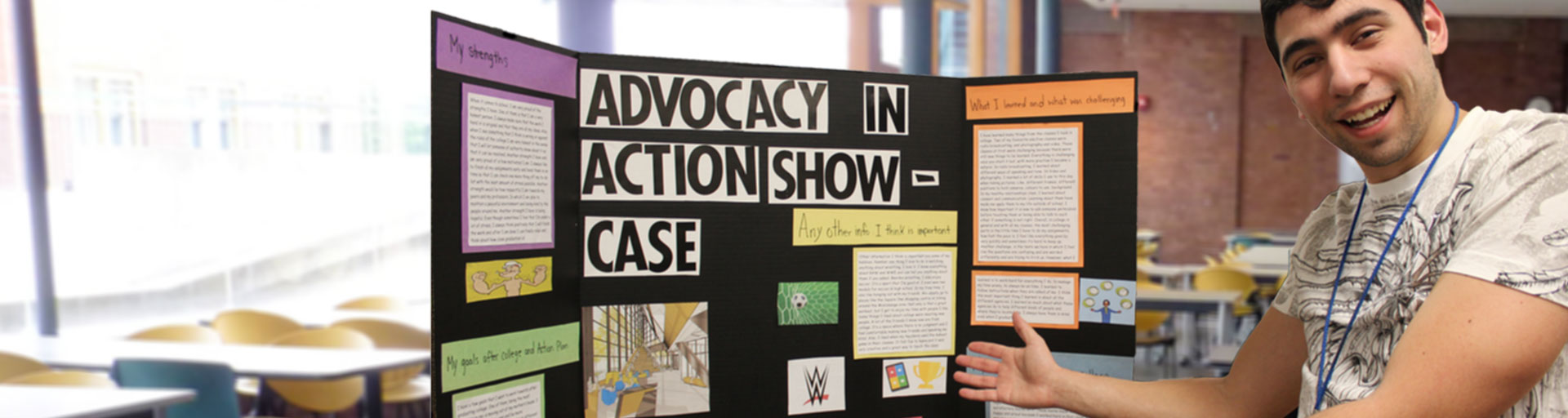 male student sitting in front of Advocacy in Action Showcase project