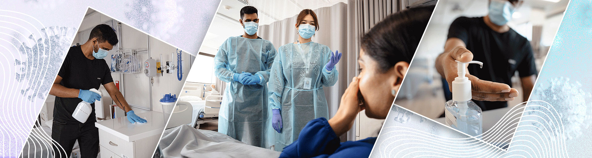 collage of medical students cleaning and using preventative gear