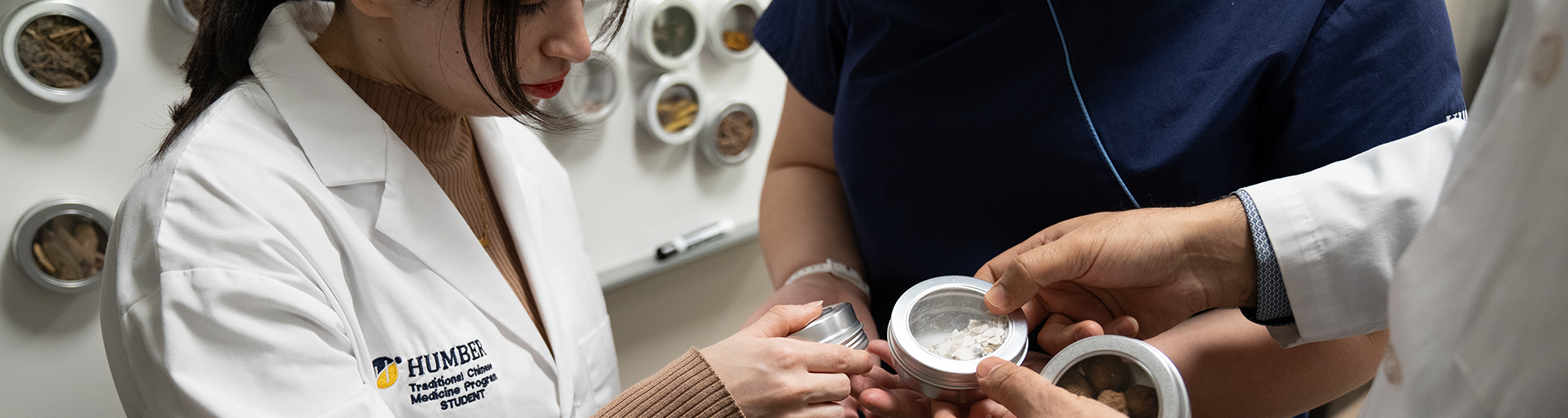 Traditional Chinese Medicine and Acupuncture students examine containers of herbs